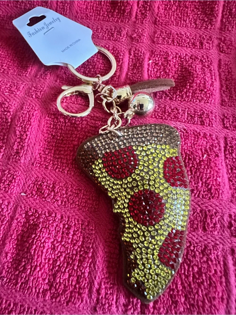 Fashion Jewelry Gold-Tone Pizza Slice Keyring with Red and Yellow Rhinestones